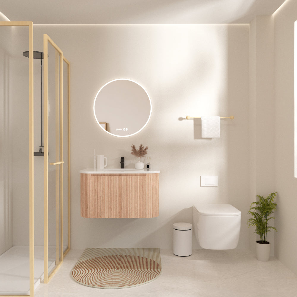 Arcora 36 Inch Wall Mounted Bathroom Vanity with Sink Curved Design, Wave Texture Wood Finish, Integrated Cultured Marble, Pre-Assembled, Modern Floating Vanity Cabinet with Soft Close Drawer
