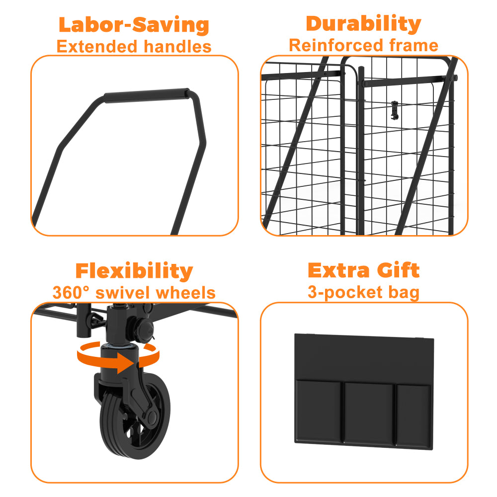 Shopping Cart with open door,Grocery Cart on Wheels, Foldable Utility Shopping Carts with 360° Rolling Swivel Wheels for Groceries Laundry