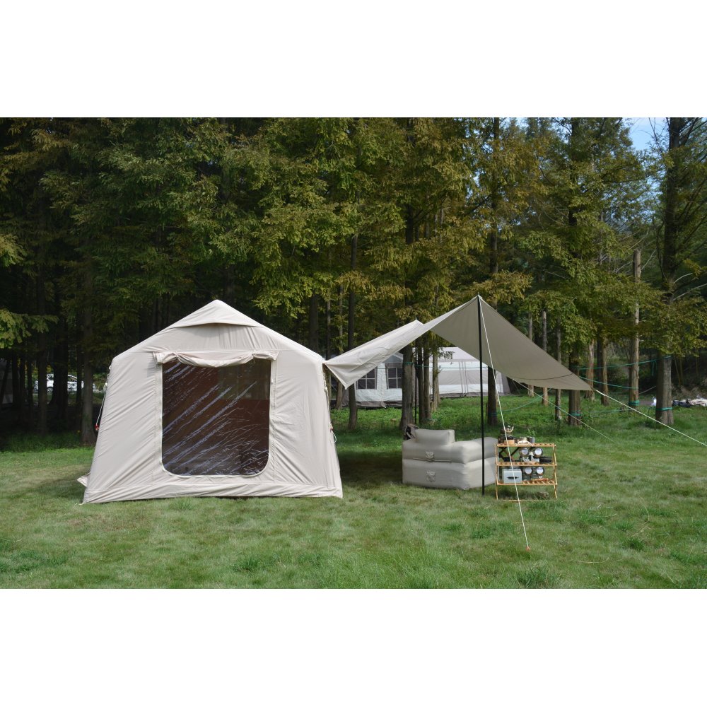 9.8 x13ft with canopy, Inflatable Camping Tents with Hand Pump, Air Glamping Tents, Easy Setup Waterproof and Windproof Blow up Tent Beige