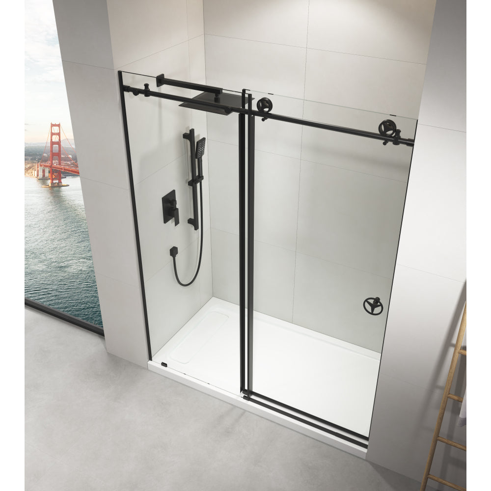 60" W x 76" H Sliding Frameless Shower Door in Matte Black with Clear Glass