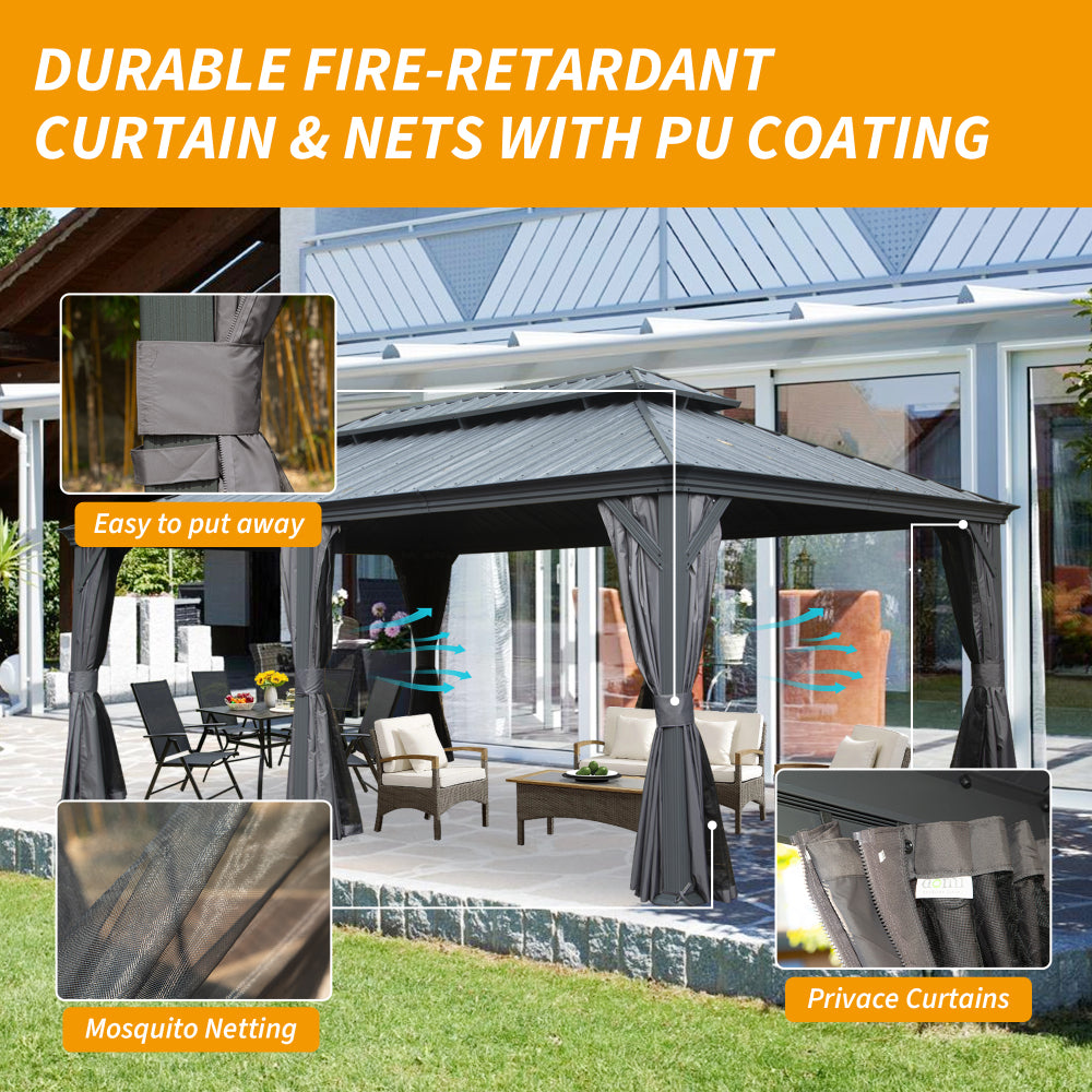 12' X 20' Hardtop Gazebo, Upgraded Metal Gazebo with Drainage System, Dual-Layer Galvanized Steel Roof, Curtain and Netting, Outdoor Shelter Canopy for Patio, Garden, and Backyard, Grey