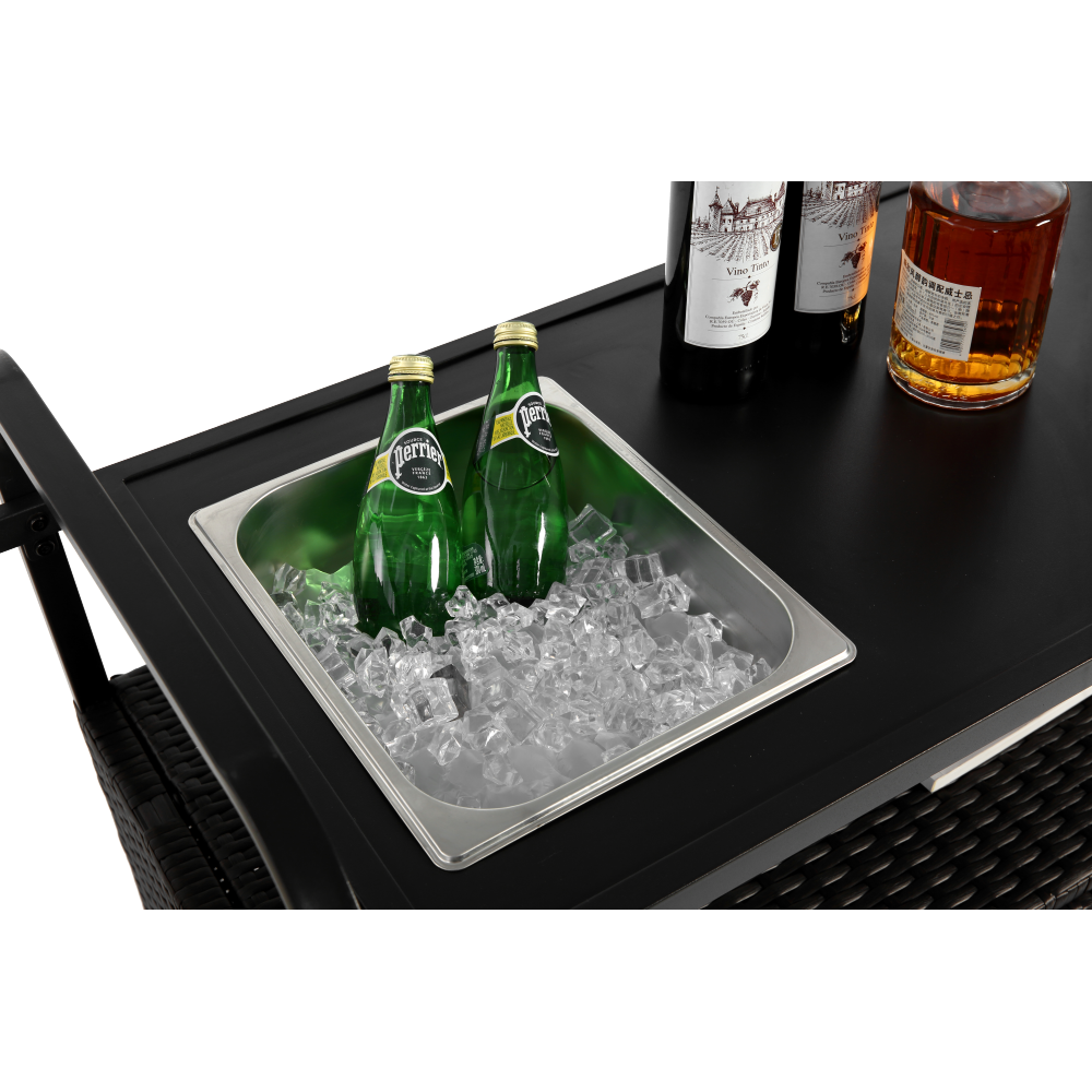Outdoor Bar Table, Wicker Bar Cart with Cabinet, Patio Serving Cart with steel Top, with one ice bucket,Lockable Wheels, Side Basket for Garden, Poolside & Backyard, Black