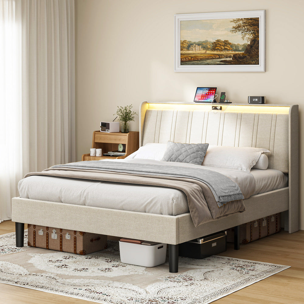 Twin Size Platform Bed Frame with Fabric Upholstered Headboard and Wooden Slats Support