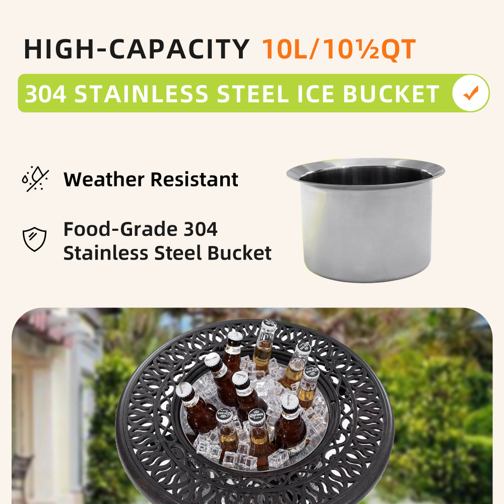 21" Side Table With Removable Ice Bucket- Rustproof Cast Aluminum Frame, Hand-Brushed Finish, Food-Grade 304 Stainless Steel Bucket - Perfect for Indoor & Outdoor, Patio, Balcony, and Poolside