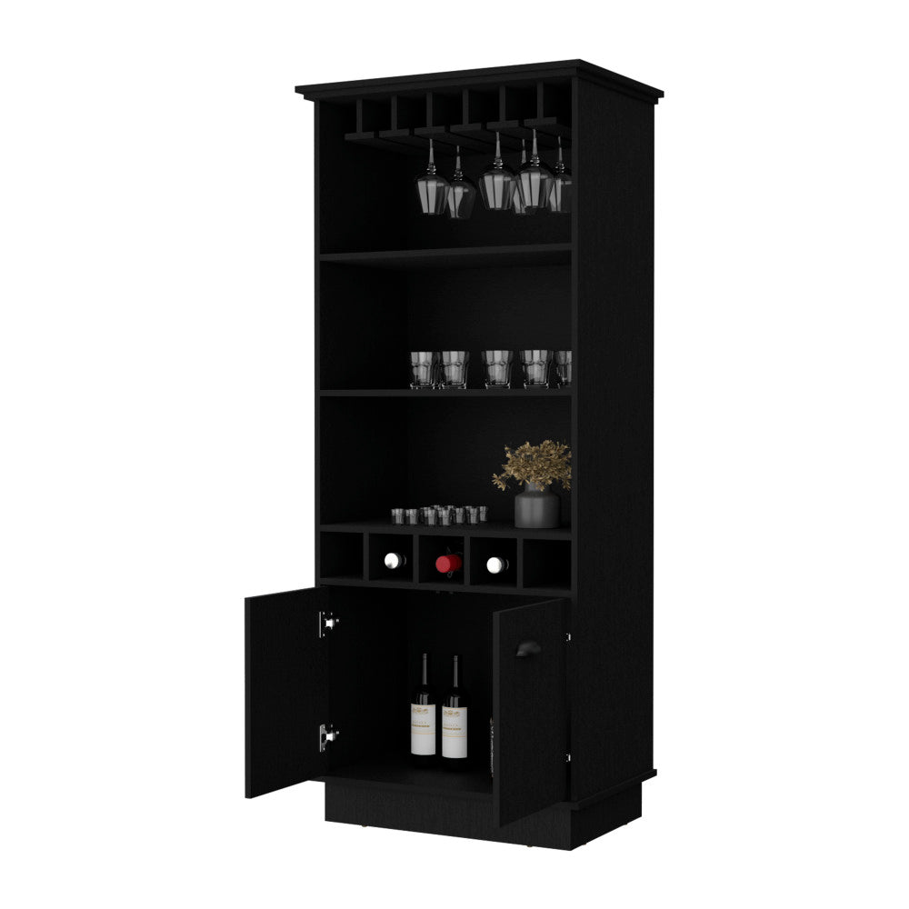 FM FURNITURE Sophia Bar Cabinet with Glassware Rack and Five Bottle Racks, Black