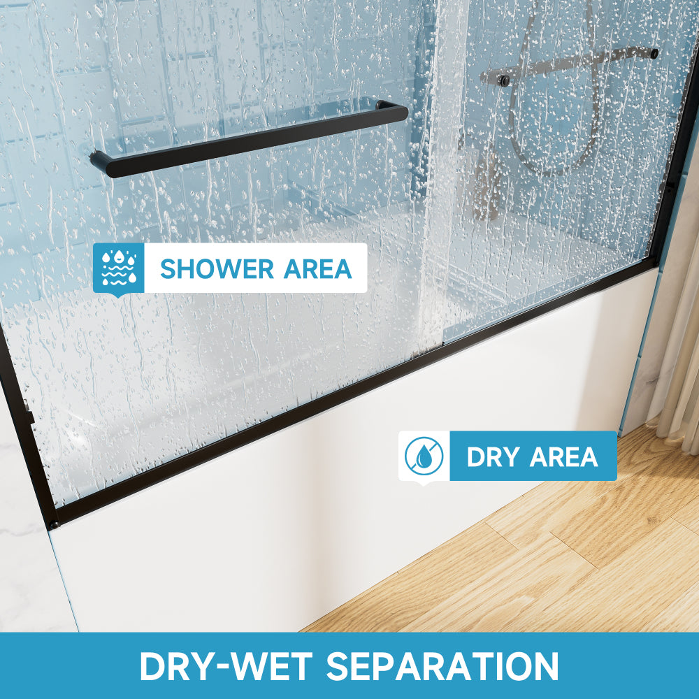 60" W x 57" H Aluminum Frame Double Sliding Shower Door, Soft-Close Matte Black Bathtub Door, 1/4" (6mm) Clear Nano-Coated Tempered Glass, Dual Stainless Steel Handles