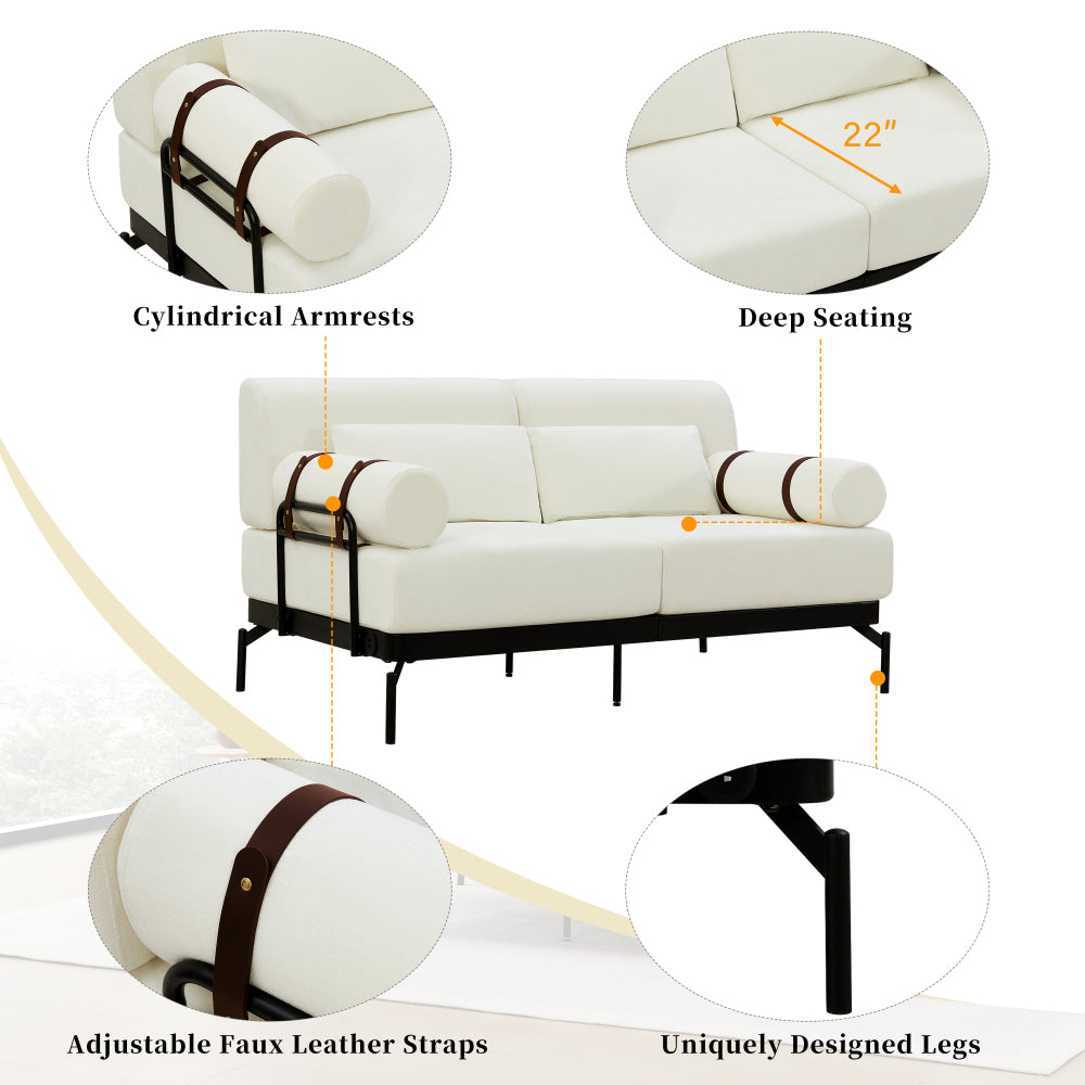 Modern Loveseat Sofa 59" Sofa Couch 2-Seater Sofa with Flexible USB Ports , Unique Cylindrical Armrests for Living Room, Beige