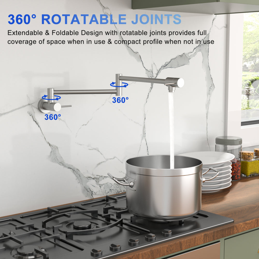 Pot Filler Faucet - Wall Mount Kitchen Sink Faucet Folding Stretchable with Single Hole Two Handles, Brushed Nickel