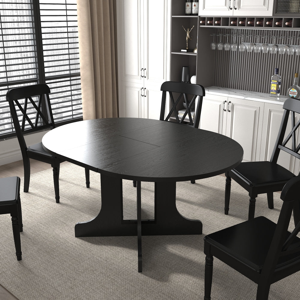 Dining Table for Farmhouse Kitchen 59x43 Inch Expandable Oval Table Top with Removable Leaf Trestle X Shaped Base Black