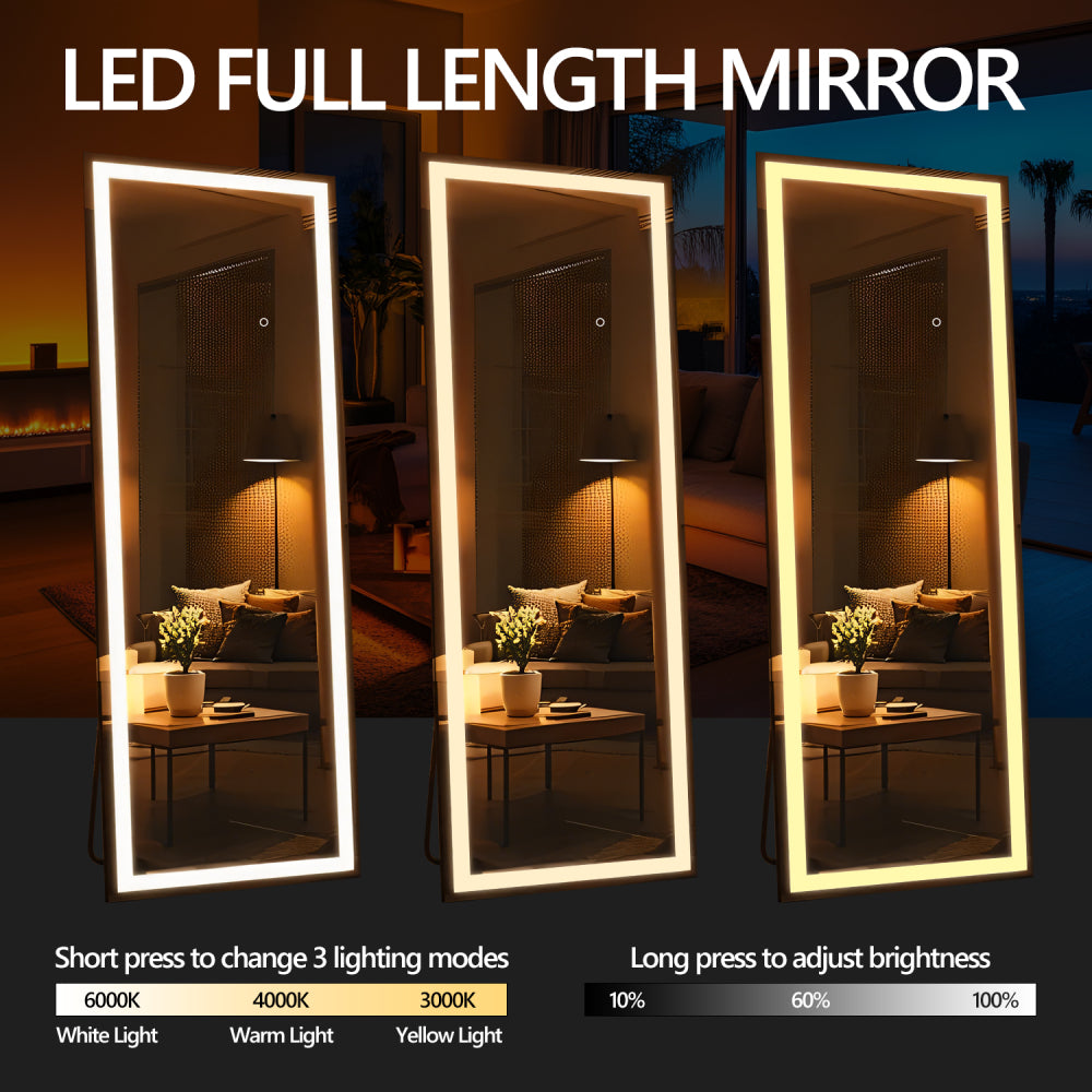 60x16 Inch Full Length Mirror with Lights, Full Body Dressing Standing, Hanging Mounted Mirror for Living Room Bedroom Cloakroom, Square Black