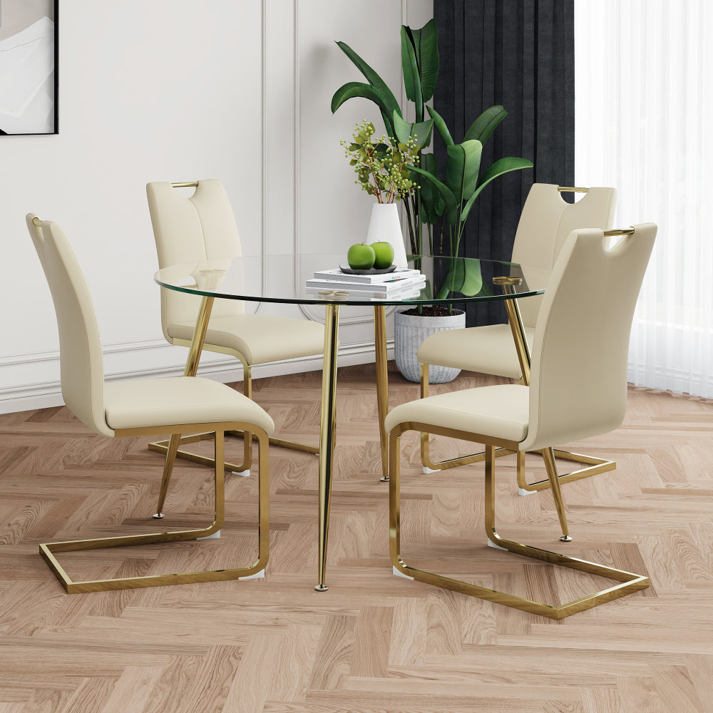 Modern simple round glass dining table, wear-resistant tempered glass countertop, gold-plated legs, grey PU dining chair set, suitable for restaurant kitchen use (set of 5)