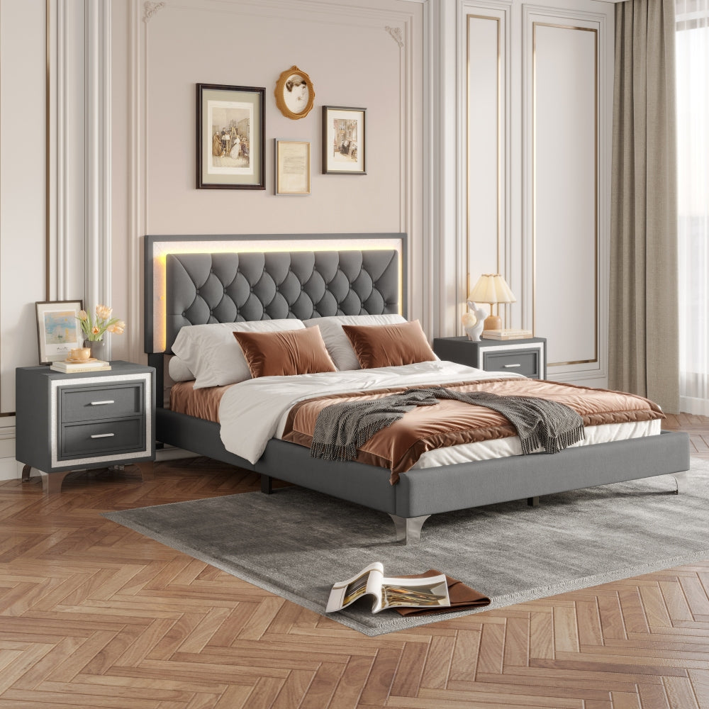 3-Pieces Bedroom Sets,Queen Size Upholstered Platform Bed with LED Lights and Two Nightstands-Gray