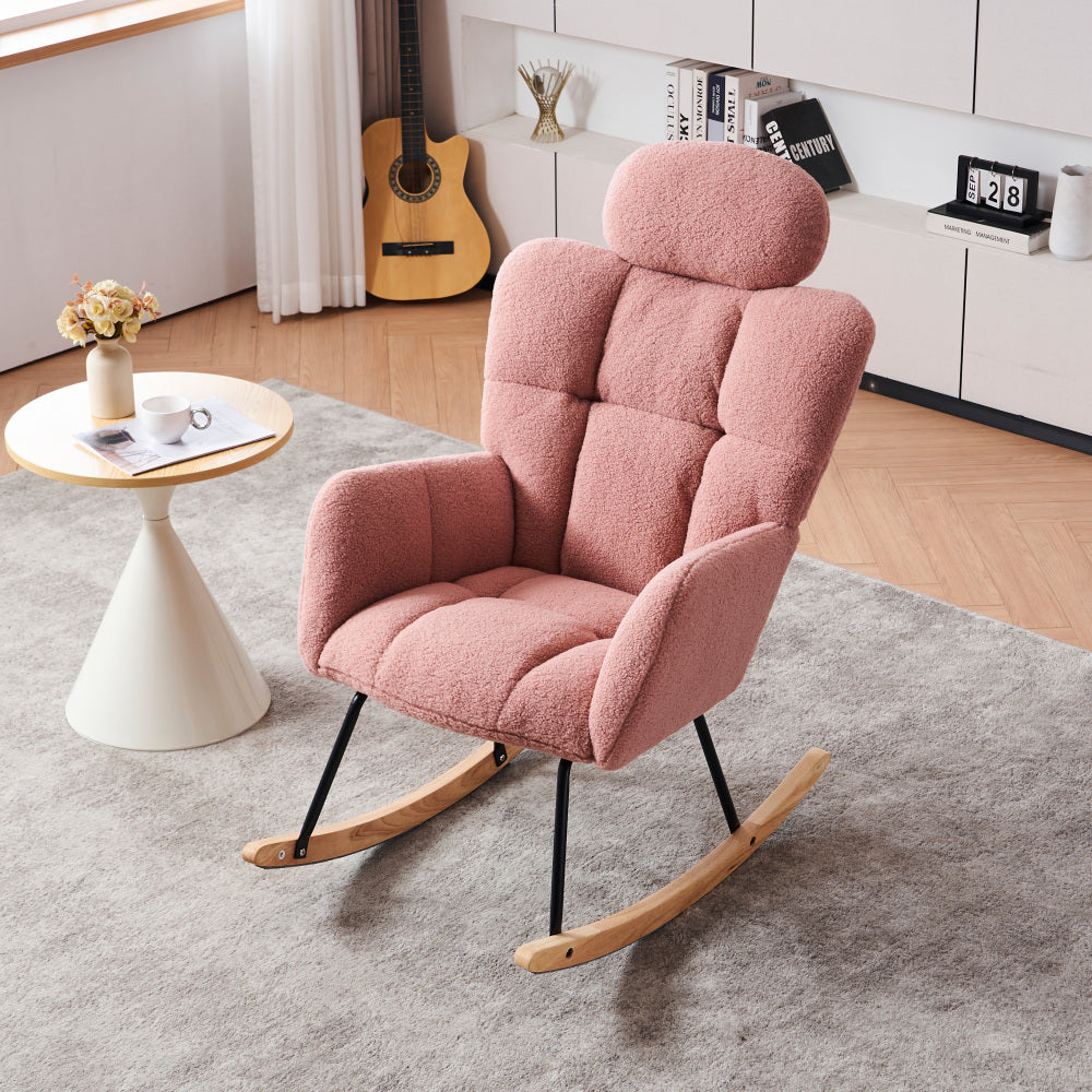 055-Teddy Fabric Upholstered Nursery Rocking Glider Chair Modern Accent Armchair Padded Seat with High Backrest and Pillow for Living Room Bedroom (Ivory)