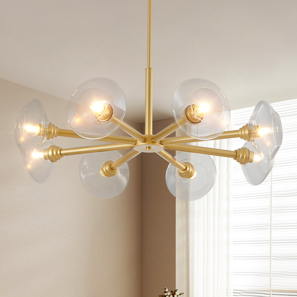 36" Modern Gold 8-Light Sputnik Chandelier with Clear Glass Shades, Mid-Century Hanging Pendant Light Fixture for Dining Room, Living Room, or Kitchen (Bulb Not Included)