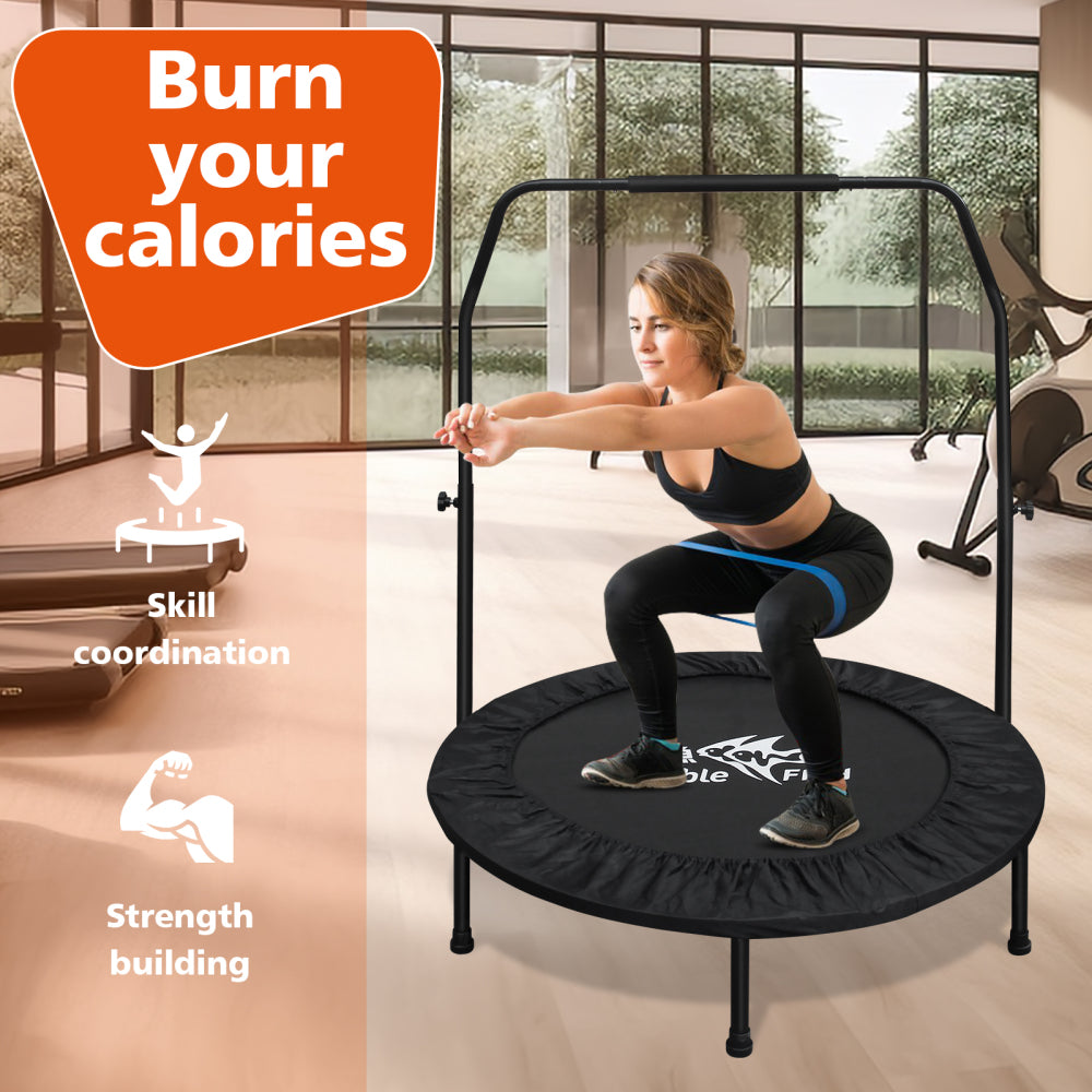 DOUBLE FISHHigh-Quality Adjustable Foam Handle 1 Mini Trampoline 40" - Supports Up To 400lbs, Black Rectangular Fitness Rebounder For Adults - Ideal For Indoor & Outdoor Workouts Eas