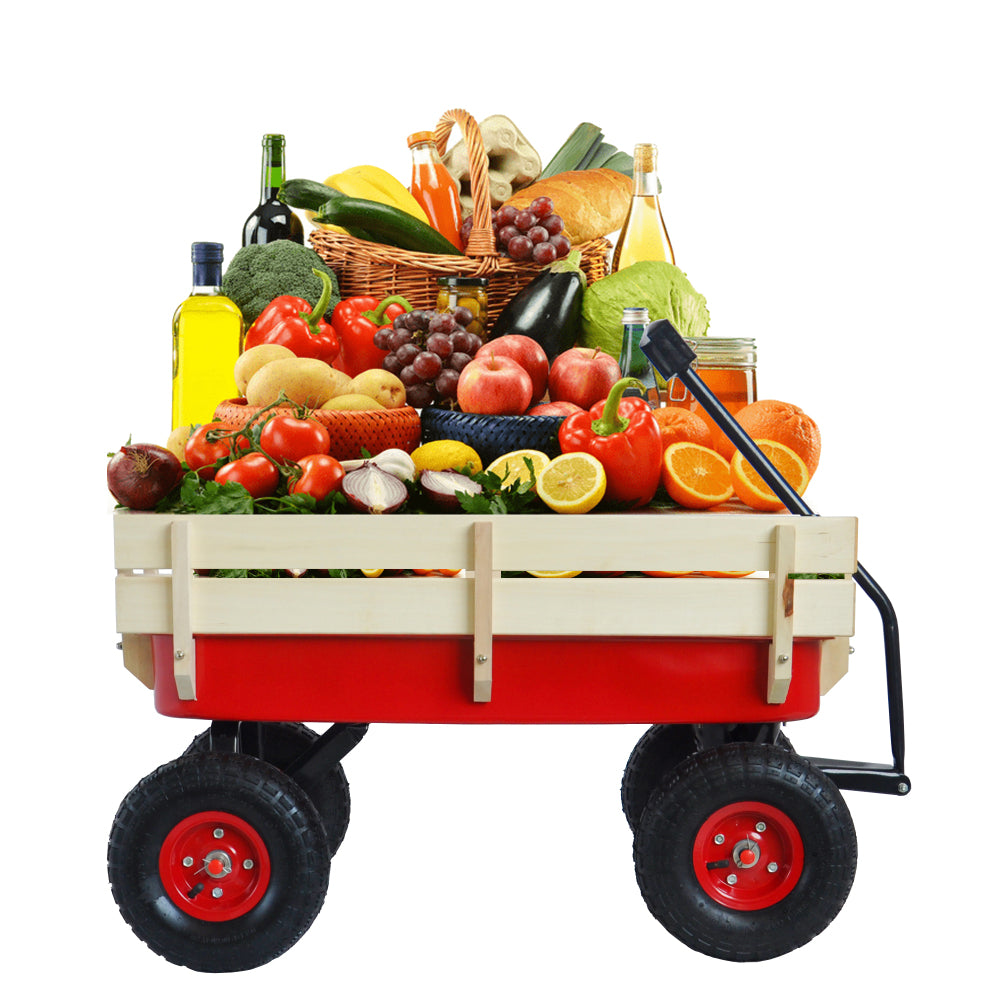 Outdoor Wagon All Terrain Pulling w/Wood Railing Air Tires Garden Cart