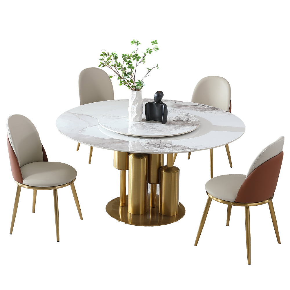 53" Round Modern Marble Dining Table with Lazy Susan, Sintered Stone Top for Kitchen, Dining Room, Dinette, Space Saving Design(4 chairs)