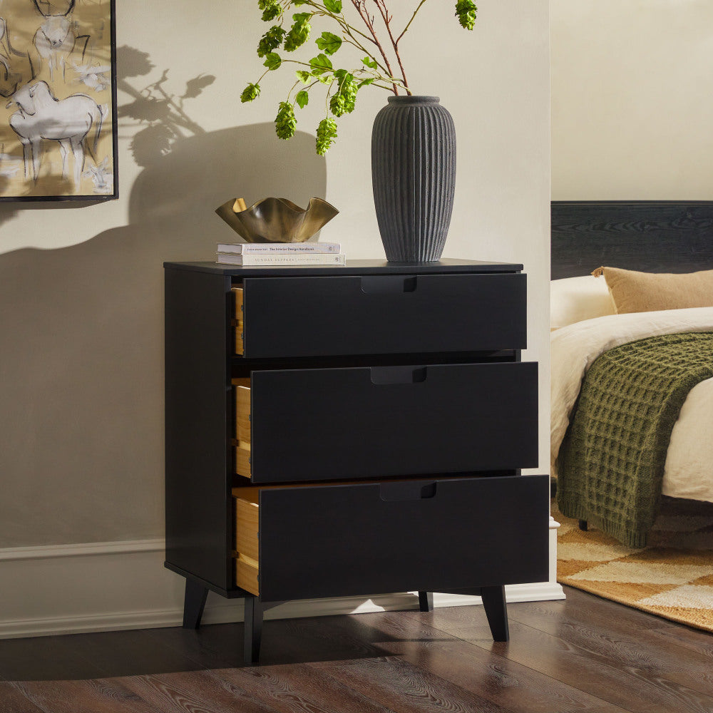 Mid-Century Modern Solid Wood 3-Drawer Dresser – Black