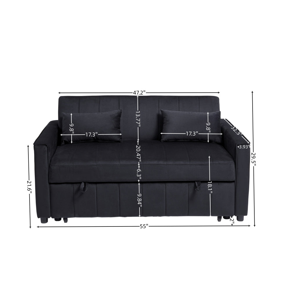 Sleeper Sofa Bed, 3-in-1 Velvet Pull Out Couch with Armrests, Storage Pockets and 2 Pillows, Adjustable Backrest, Sofa Bed Couch for Living Room, Bedroom(Black)