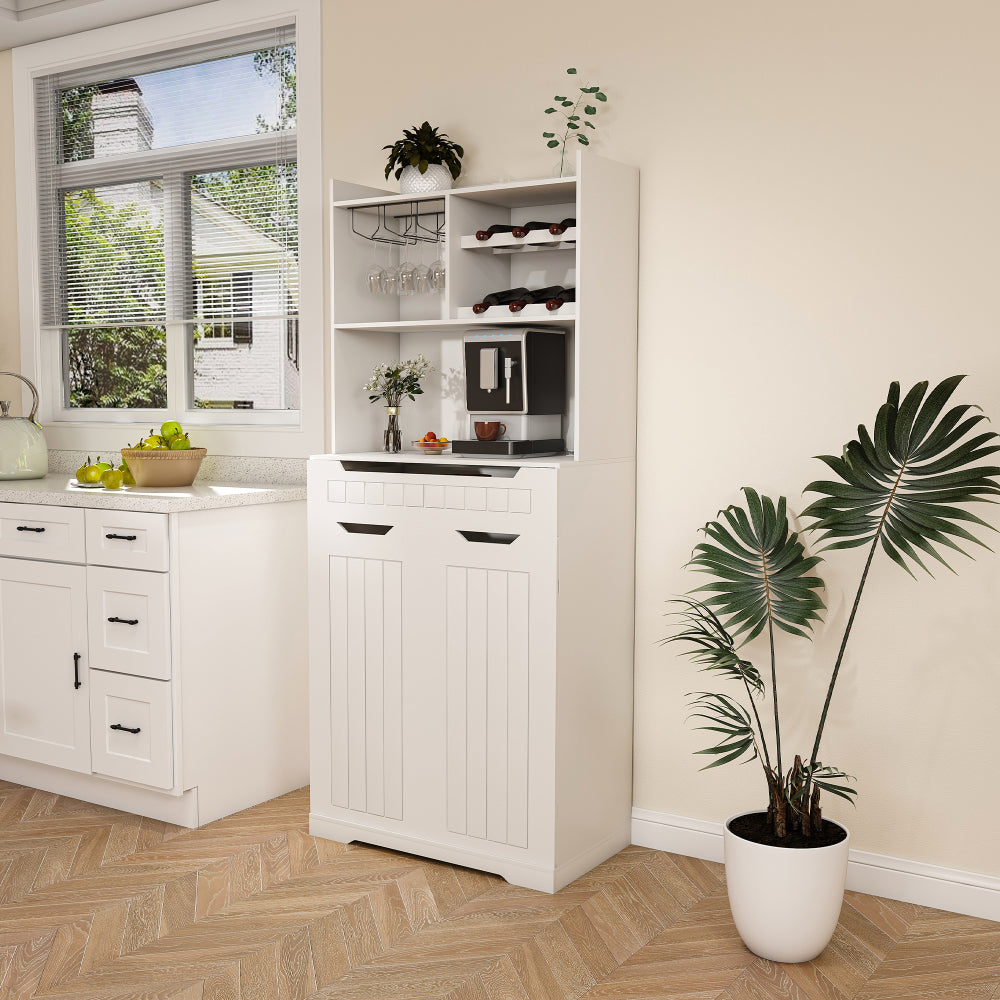 White Buffet Cabinet with Hutch - Modern Farmhouse Kitchen Storage Sideboard with 2 Drawers & Barn Doors, Coffee Bar Station or Liquor Cabinet for Dining Room, Living Room