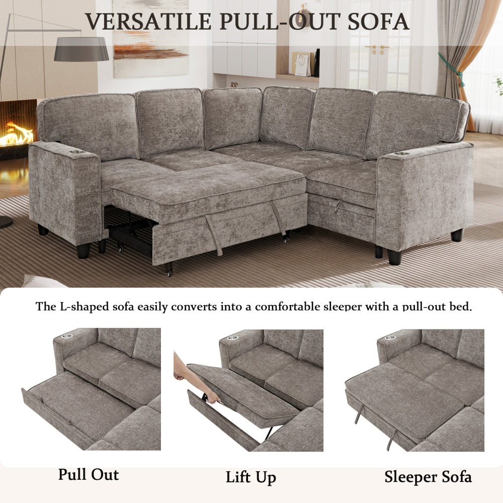 L-Shaped Sofa with Pull Out Sofa Bed, Sleeper Sofa Couch Bed with Storage Seat, 5 Seat Sectional Sofa Bed with USB, Sectional Sofa Couch for Living Room, Apartment, Light Brown