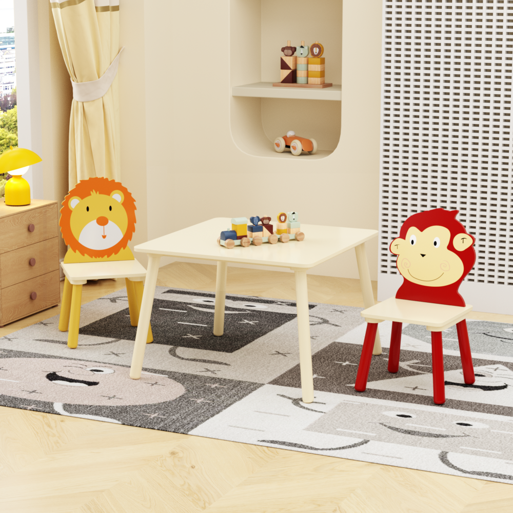 5 Piece Kiddy Table and Chair Set , Kids Wood Table with 4 Chairs Set Cartoon Animals (bigger table) (3-8 years old)