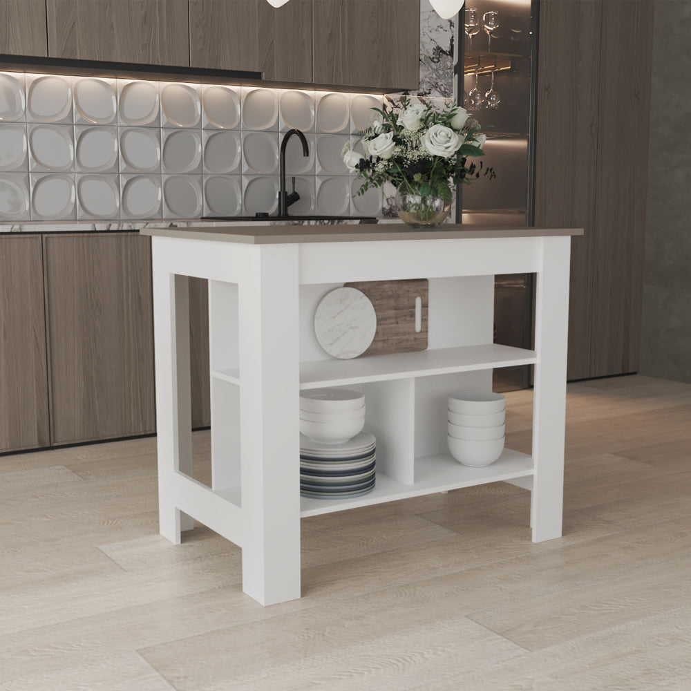 Kitchen Island, kitchen table 35" H, Four Legs, Three Open Storage Shelves, Black / Light Oak