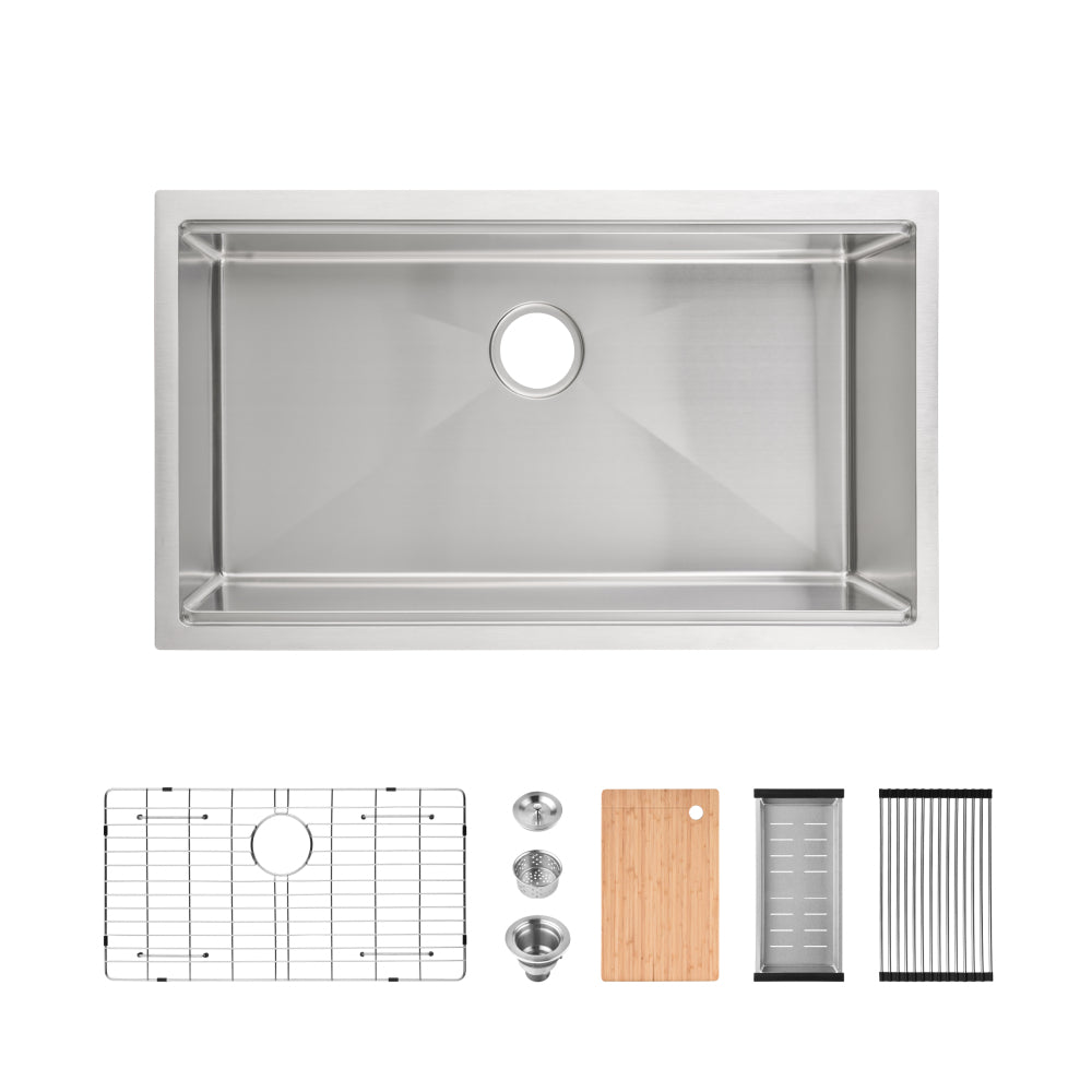 Stainless Steel Kitchen Sink, 27″x19″ Single Bowl, Undermount Handmade Sink in Brushed Nickel, with US Standard Drain and Hook, LS-SSBR06