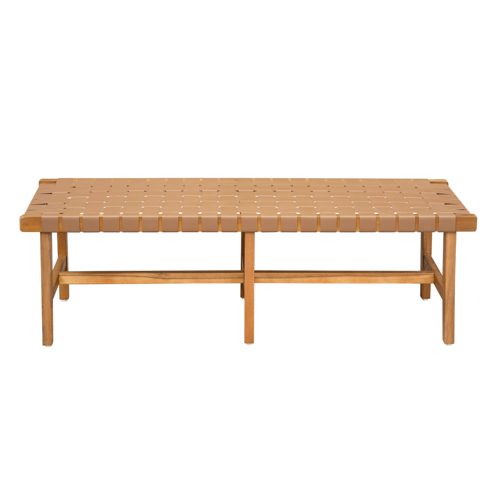 Stylish Acacia Wood Bedroom Bench with Woven PU Leather Seat
