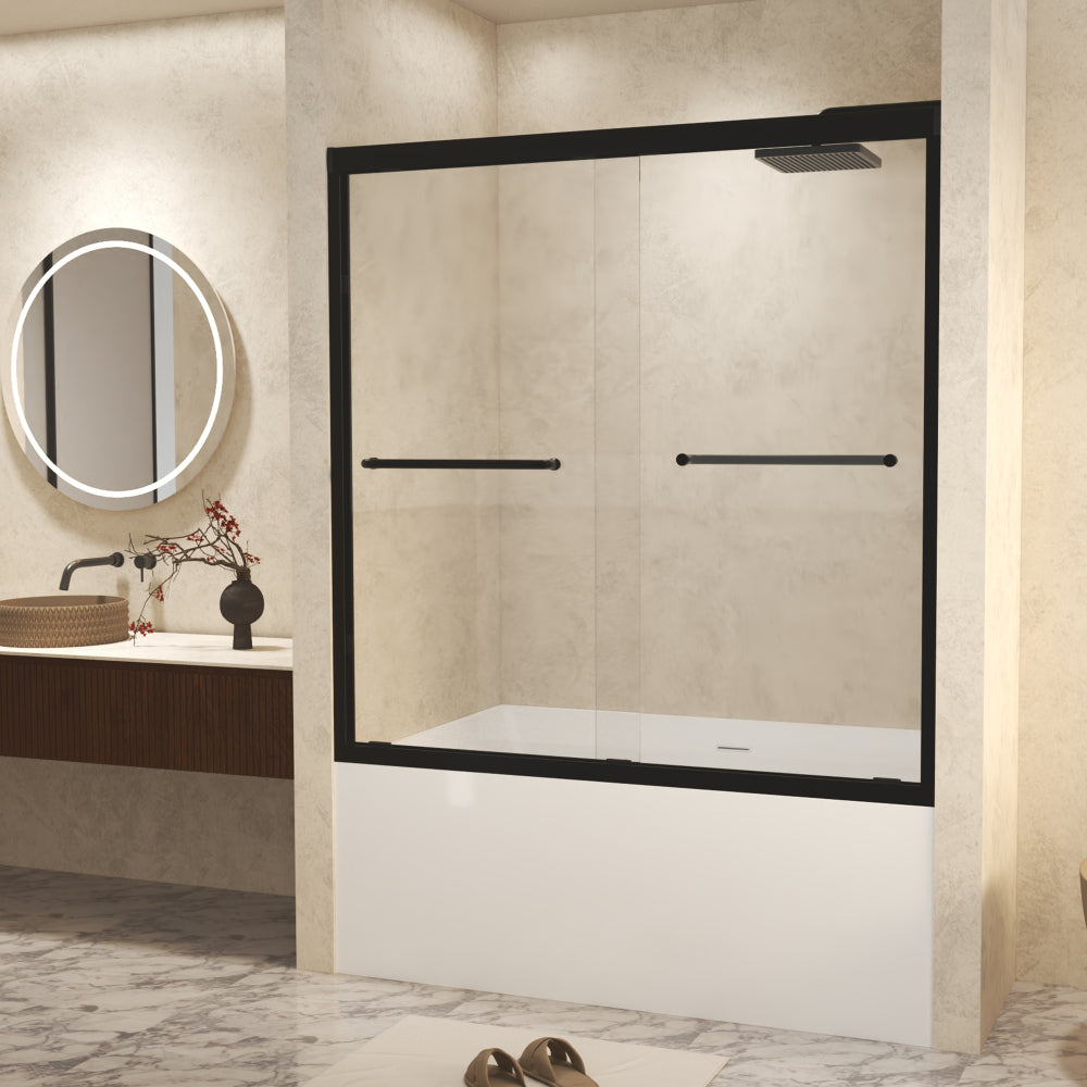 56-60" W × 60" H Tempered Glass with Explosion Proof Film, Aluminum Frame Double Sliding Shower Door, "1/4 (6 mm), Stainless Steel handle, Matte Black