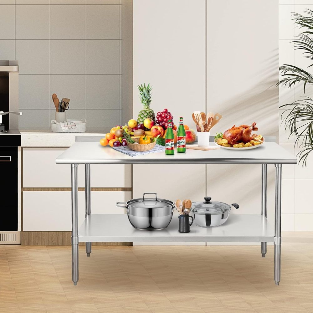 Stainless Steel Table 30 x 60 Inches Metal Prep Table with Adjustable Undershelf, Stainless Table for Commercial Kitchen, Outdoor, Restaurant, Hotel & Garage