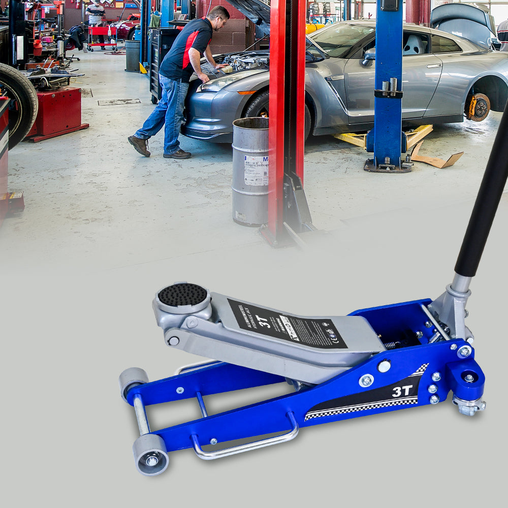 3T Aluminum Iron Horizontal Jack/Hydraulic Trolley Service/Floor Jack with Extra Saddle (Fits: SUVs and Extended Height Trucks): 3 Ton (6,600 lb) Capacity, Blue&Silver