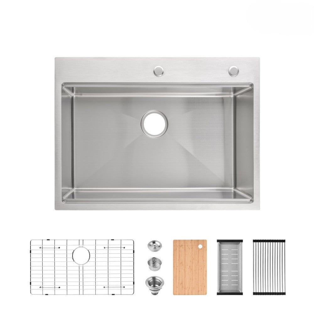 Stainless Steel Kitchen Sink, 32″x19″ Single Bowl, Overmount Handmade Sink in Brushed Nickel, with US Standard Drain and Hook, LS-SSBR02