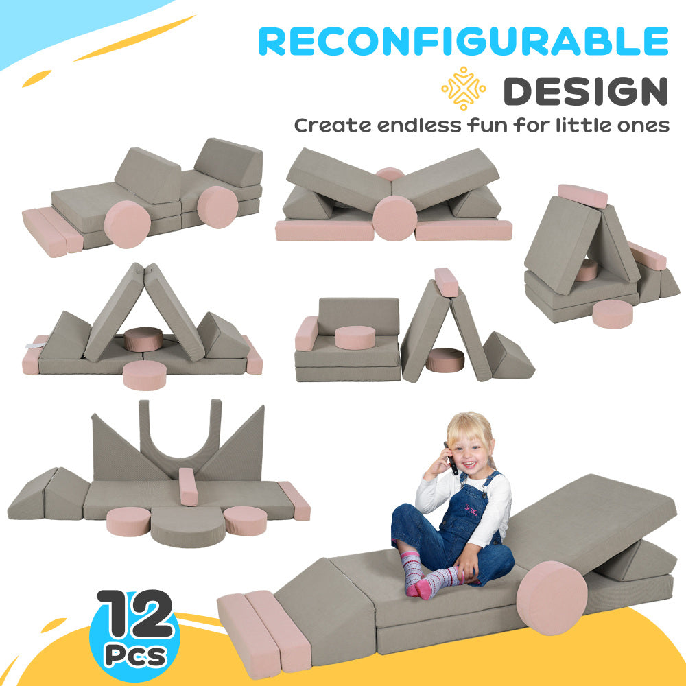 Qaba Modular Kids Play Couch, 12 Pieces Kids Couch for Playroom Bedroom, Convertible Foam Floor Cushions for Boys and Girls, Pink
