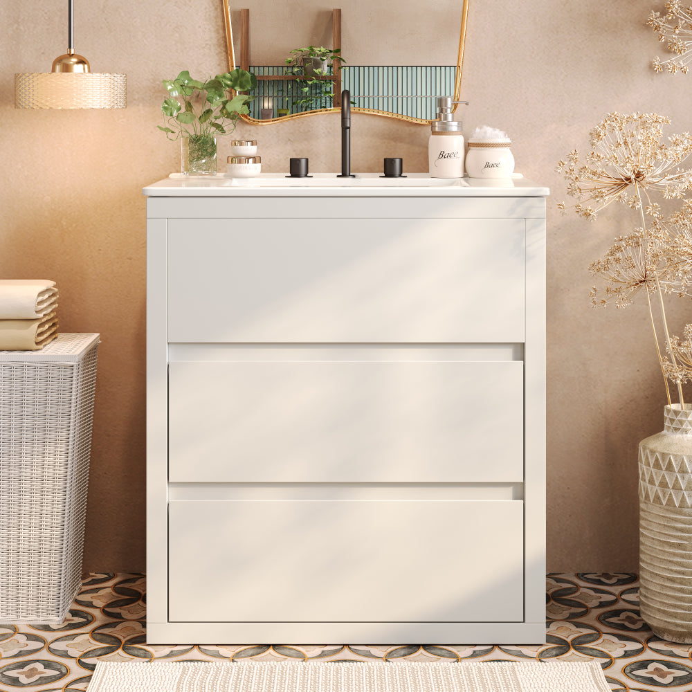 30" Modern Bathroom Vanity with Ceramic Sink, Bathroom Vanity Cabinet with Tempered Blurred Glass and Matte Black Handles, Equipped with Large Storage Space and Rubber Wood Frame, White