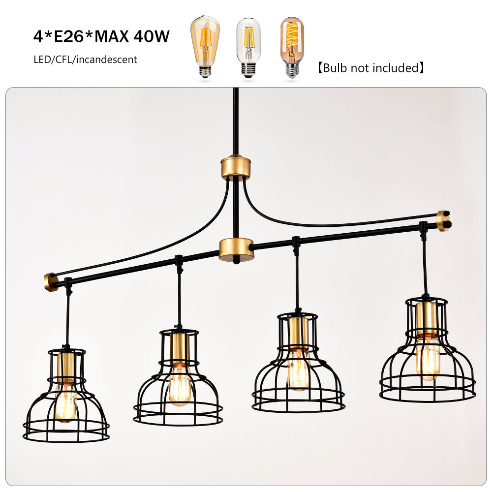 Dining Room Light Fixture/Chandelier Over Table, 40-Inch Hanging for Farmhouse Linear Chandeliers,4-Light Kitchen Island Lighting,Matte Black and Matte Gold Ceiling Chandelier,with Metal lampshade
