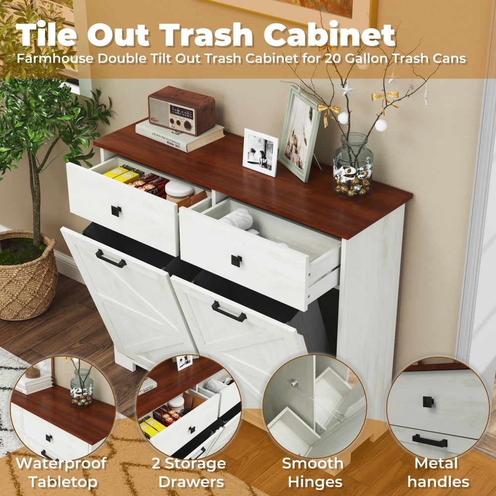 Farmhouse Double Tilt Out Trash Cabinet for 20 Gallon Trash Cans, Free Standing Recycling Cabinet with Hideaway Drawer, Barn Door Style Laundry Sorter Cabinet, Tilt Out Trash Cabinet for Kitchen