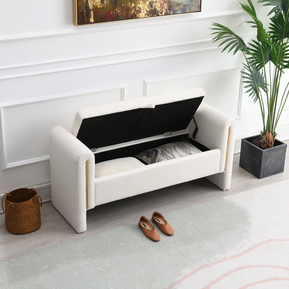 Modern Teddy Bed End Bench with Arms and Storage,Upholstered Large Foot Rest Stool, Comfy Window Vanity Bench for Living Room,Bedroom,Dorm,Coffee Table,Teddy Cream