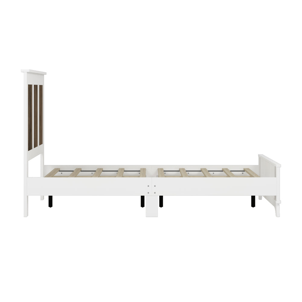 4-Pieces Bedroom Sets, Queen Size Farmhouse Platform Bed with Wooden Strip Stickers Decoration, Storage Nightstand and Dresser with Metal Handle, White