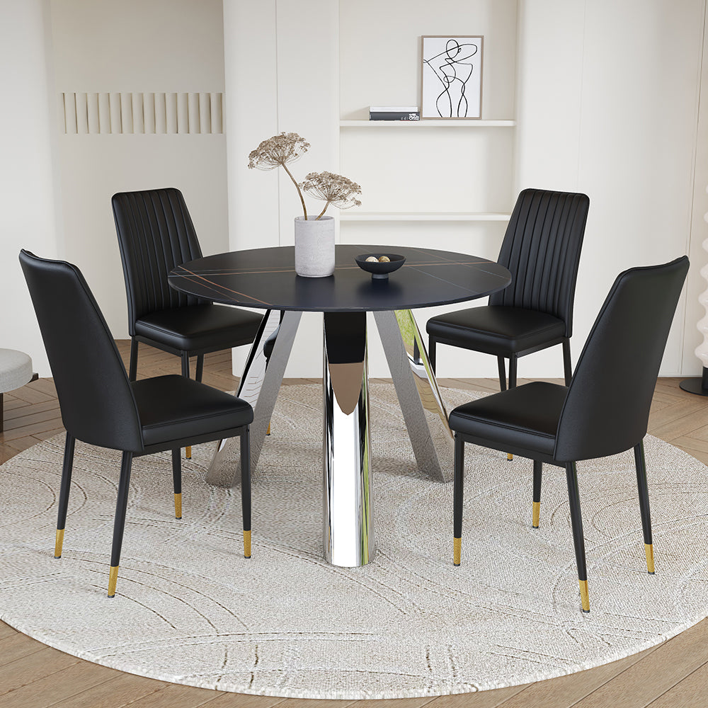 42-inch Sintered Stone Dining Table and Chair Set Mirror-polished Stainless Steel Base 4 Black PU Chairs Modern Luxury Round Dining Table Series