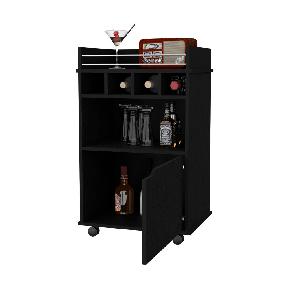 FM FURNITURE Crozier Bart Cart, with 1 shelf, 1 door and four built-in wine rack,black