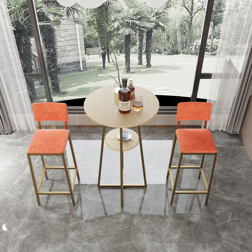 Bar table and chairs three piece set, gold frame, sponge made seat cushions and backrests, bar table with storage function (gold+brown tabletop+blue cushion)