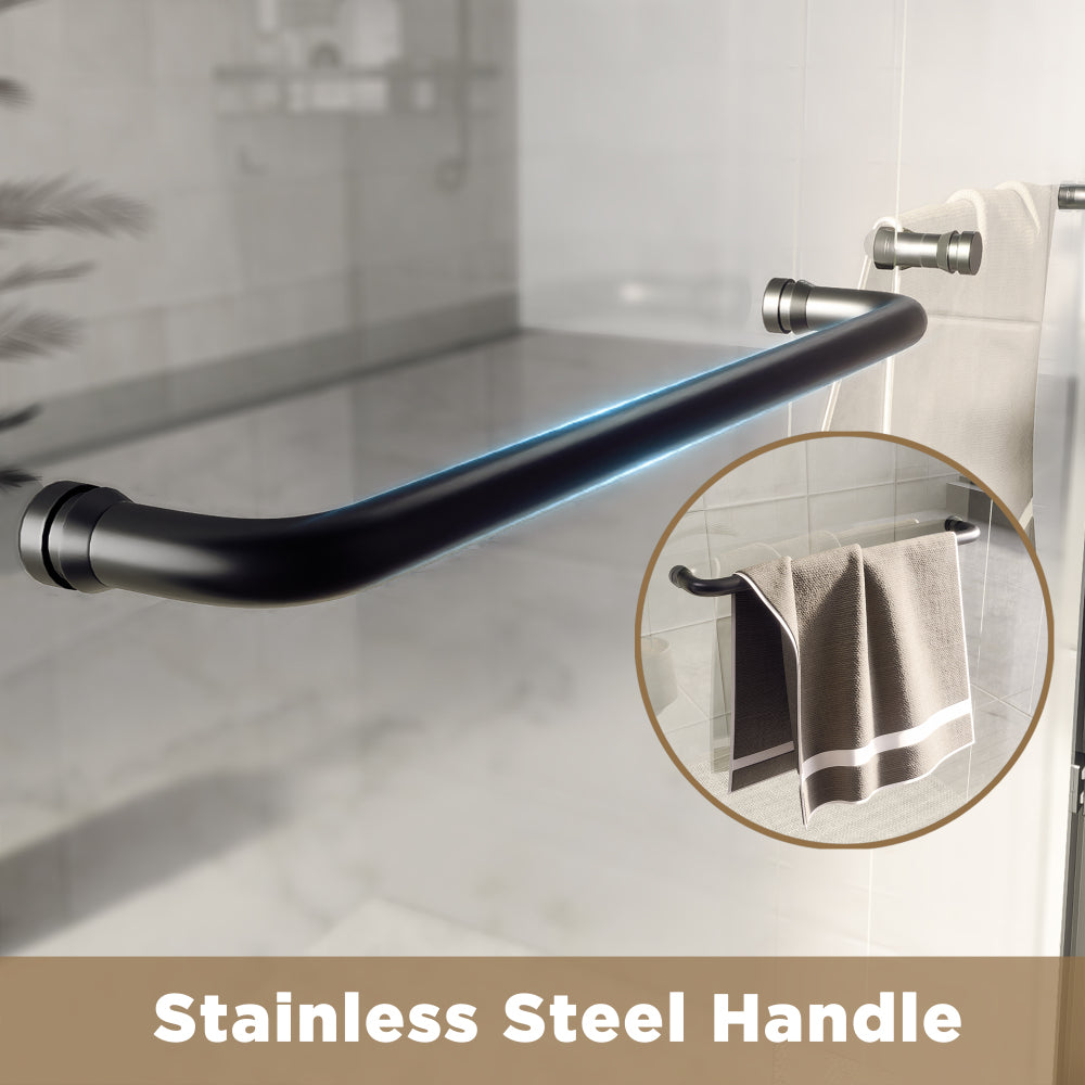 56-60" W × 60" H Tempered Glass with Explosion Proof Film, Aluminum Frame Double Sliding Shower Door, "1/4 (6 mm), Stainless Steel handle, Matte Black