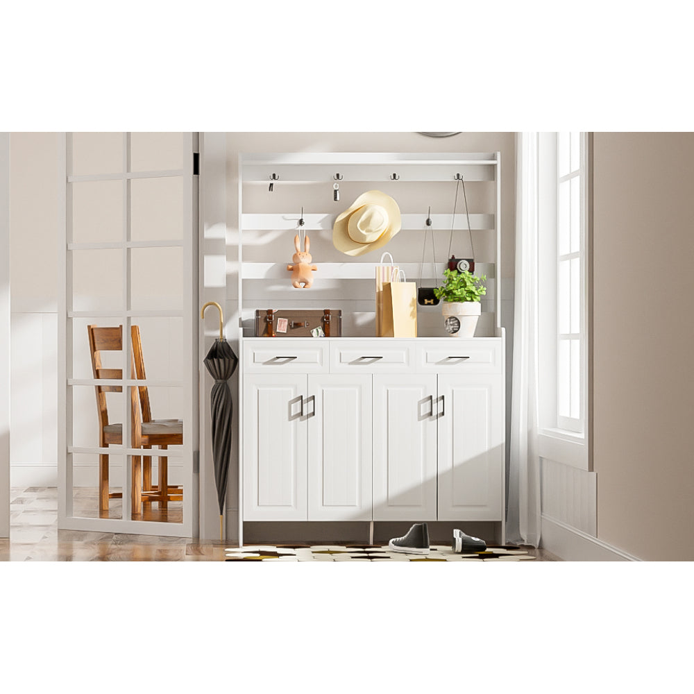 U-Can 51.2''Minimalist Four-Door Shoe Cabinet with Coat Rack, Spacious Top,3 Drawers, 8 Shelves, Metal hooks and handles for Hallway, Entryway, Living Room