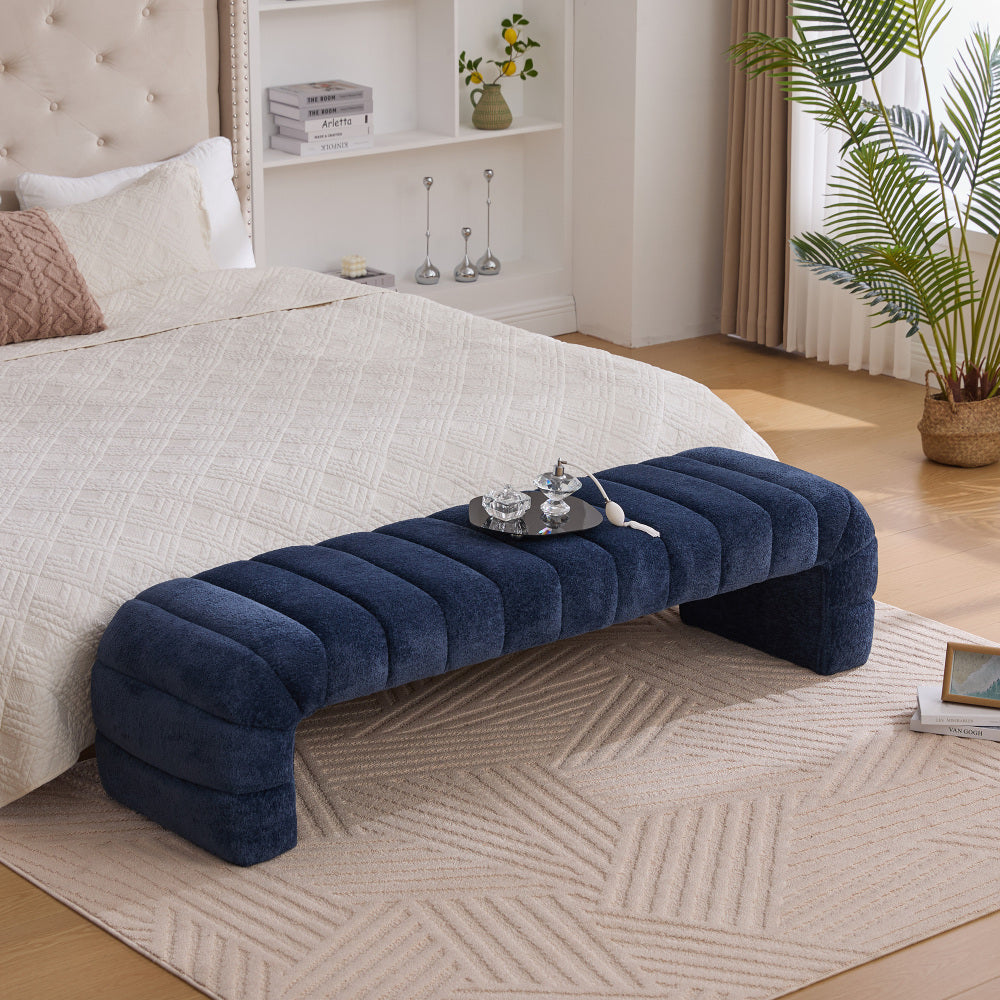 69.7"Wide Modern Upholstered Armless Bed Bench, Channel Tufted Couch Daybed Chaise, Chenille Ottoman Foot Stool for Living Room and Bedroom, Entryway, Ivory