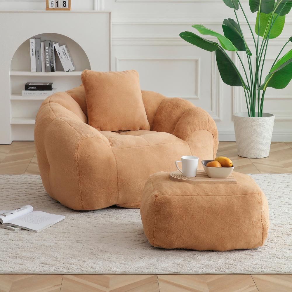 Giant Bean Bag Chair withFootstool, Oversized Bean Bag for Adults and Kids, Faux Fur Shell-Shaped Large Chair with Filler, Stuffed Big Accent Sofa, Floor Sofa for Gaming,Reading Living Room Bedroom