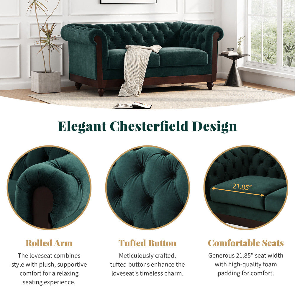 VIVALUX 59.44" Chesterfield Velvet Loveseat Sofa,2-Person Rolled Arm Dutch Plush Upholstered Sofa Couch with Tufted Button for Living Room, Bedroom, Small Places,Forest Green