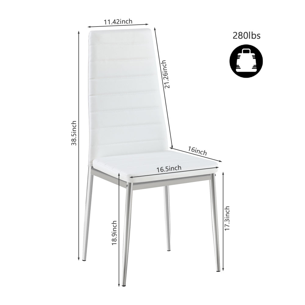 Modern Style Dining Chair Set for 4 with Comfortable PU Leather and Silver Chrome Plated chair legs,White