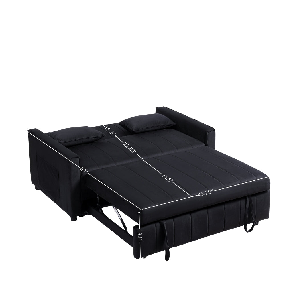 Sleeper Sofa Bed, 3-in-1 Velvet Pull Out Couch with Armrests, Storage Pockets and 2 Pillows, Adjustable Backrest, Sofa Bed Couch for Living Room, Bedroom(Black)