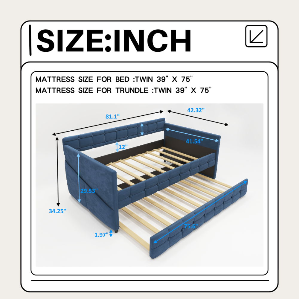 BLUE UPHOLSTERED TWIN SIZE DAYBED WITH TRUNDLE, VELVET FABRIC, NO BOX SPRING REQUIRED, COMFORTABLE AND SIMPLE DESIGN MODELS